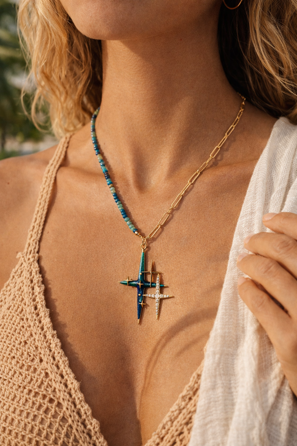 Blue cross necklace with sparkly star charm - baptism communion gift