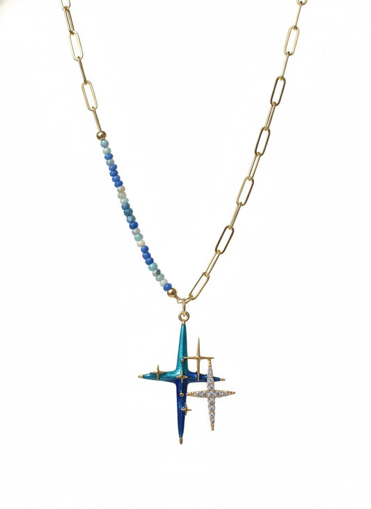 Blue cross star necklace stainless steel 18 inch - Christian jewelry hypoallergenic