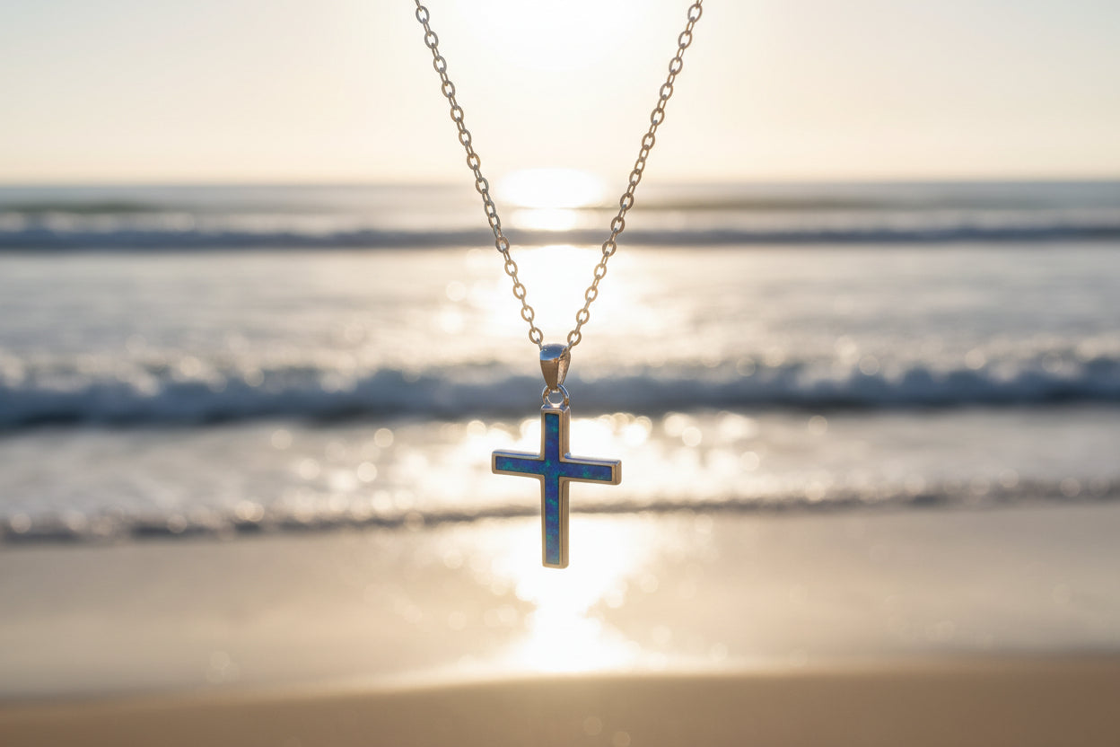 Blue lab opal cross pendant on 925 sterling silver chain — rhodium plated, high polish finish

