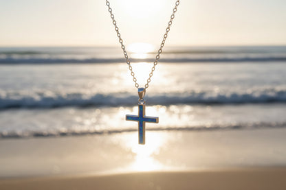 Blue lab opal cross pendant on 925 sterling silver chain — rhodium plated, high polish finish

