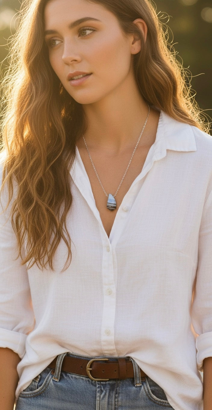 Blue opal briolette pendant close up - handcrafted natural stone necklace