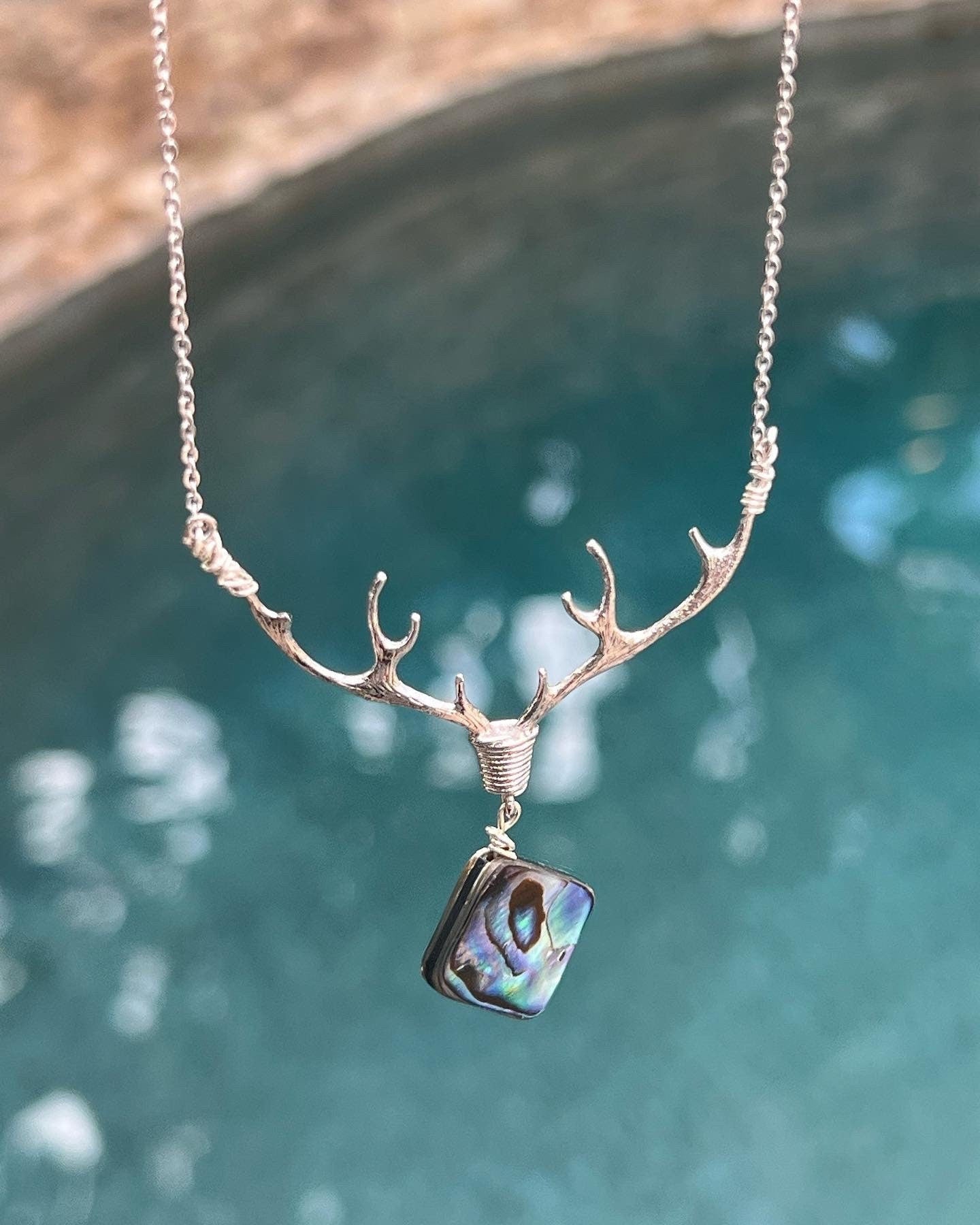 Boho deer antler pendant necklace - iridescent abalone shell nature jewelry California