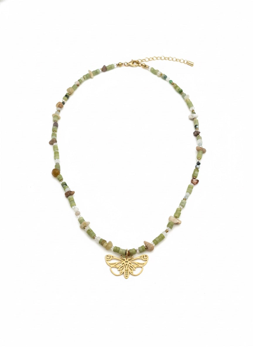 Butterfly gemstone necklace with raw natural stone beads - hypoallergenic jewelry