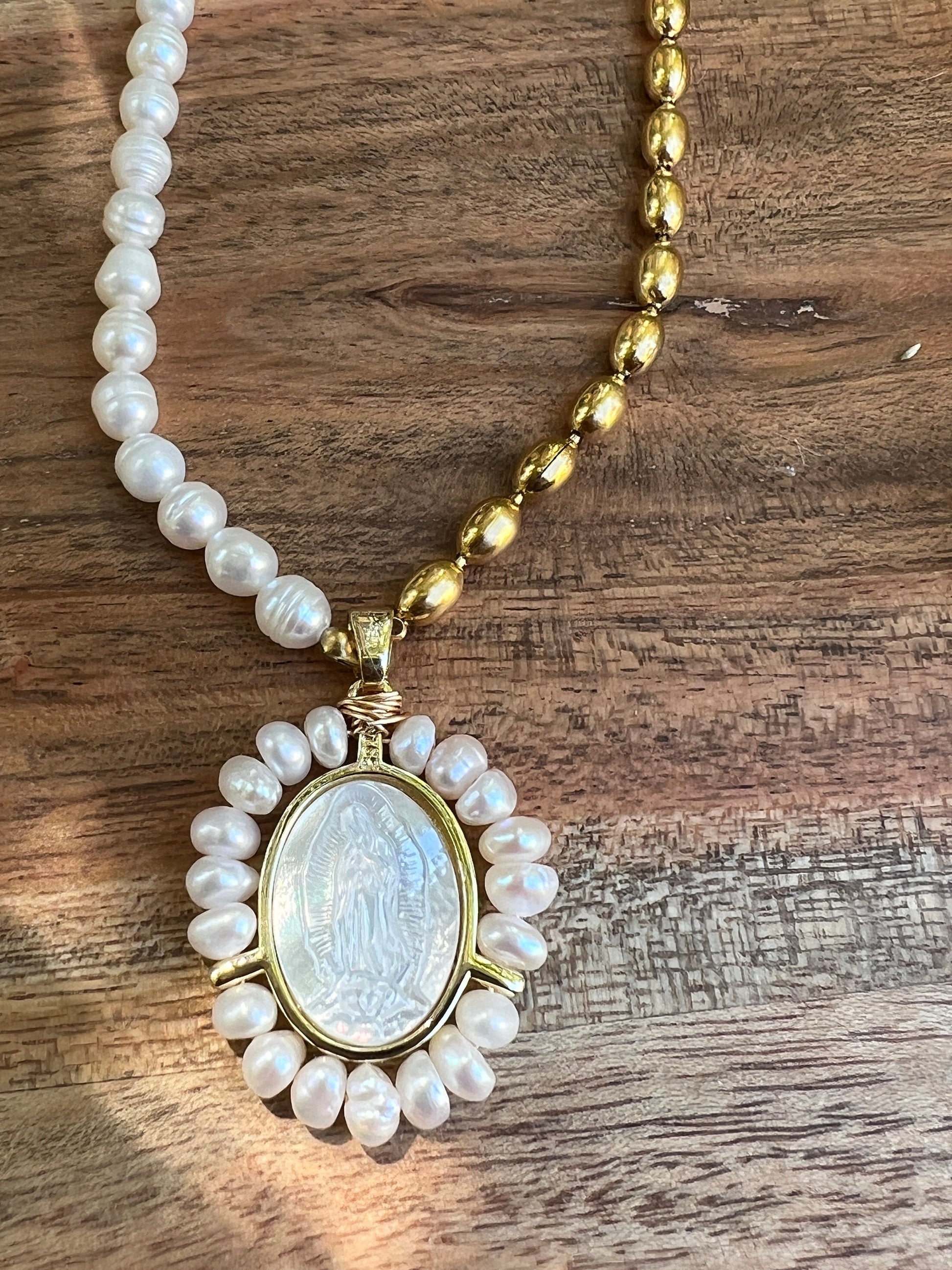 Catholic Mother Mary necklace - hand carved pearl pendant 14K gold plated