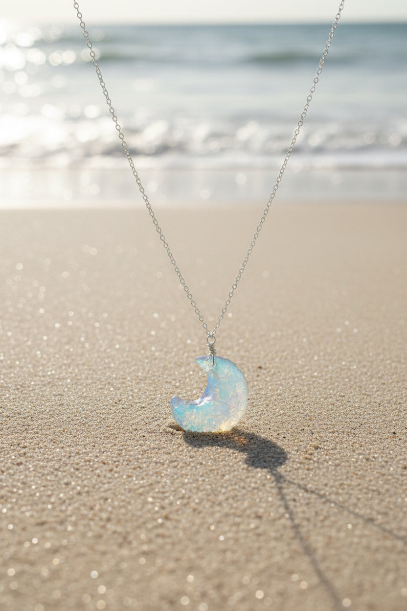 Celestial moon necklace with angel aura opalite crystal in sterling silver - handcrafted California jewelry