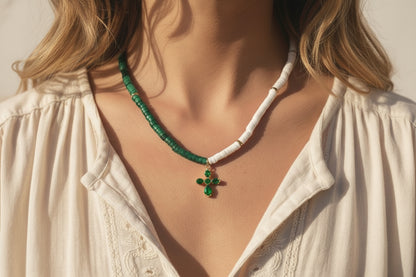 Christian cross necklace natural gemstone beaded 18 inches adjustable
