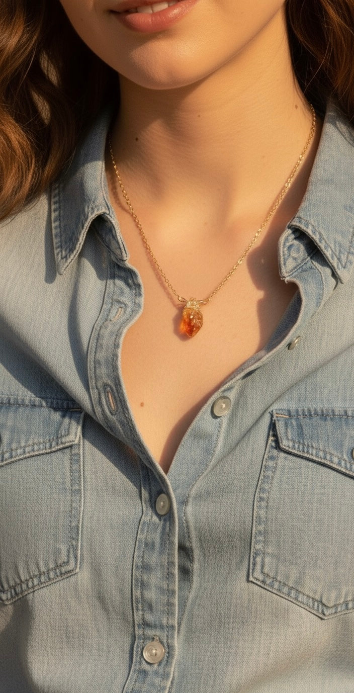 Citrine necklace detail - raw burnt orange gemstone nugget November birthstone