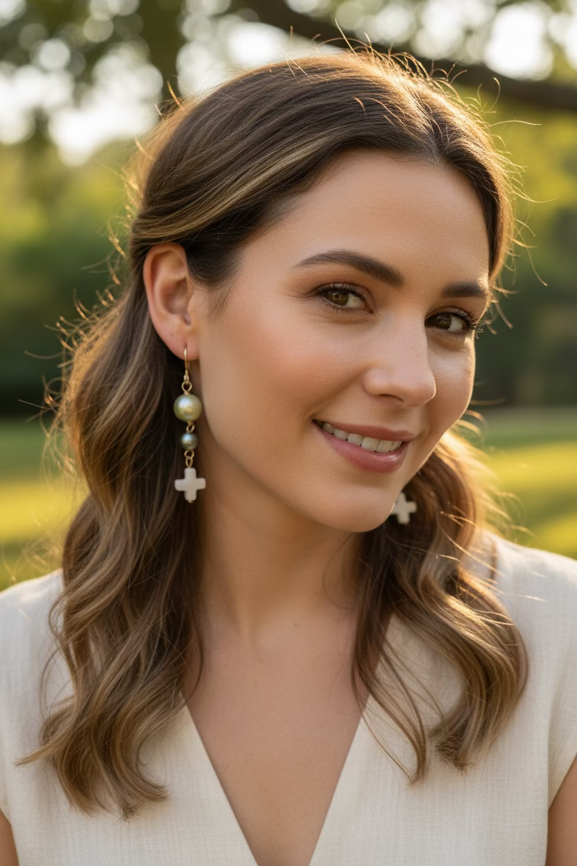 Close-up flat lay with light green and teal pearl beads and white cross drops on gold-filled wire