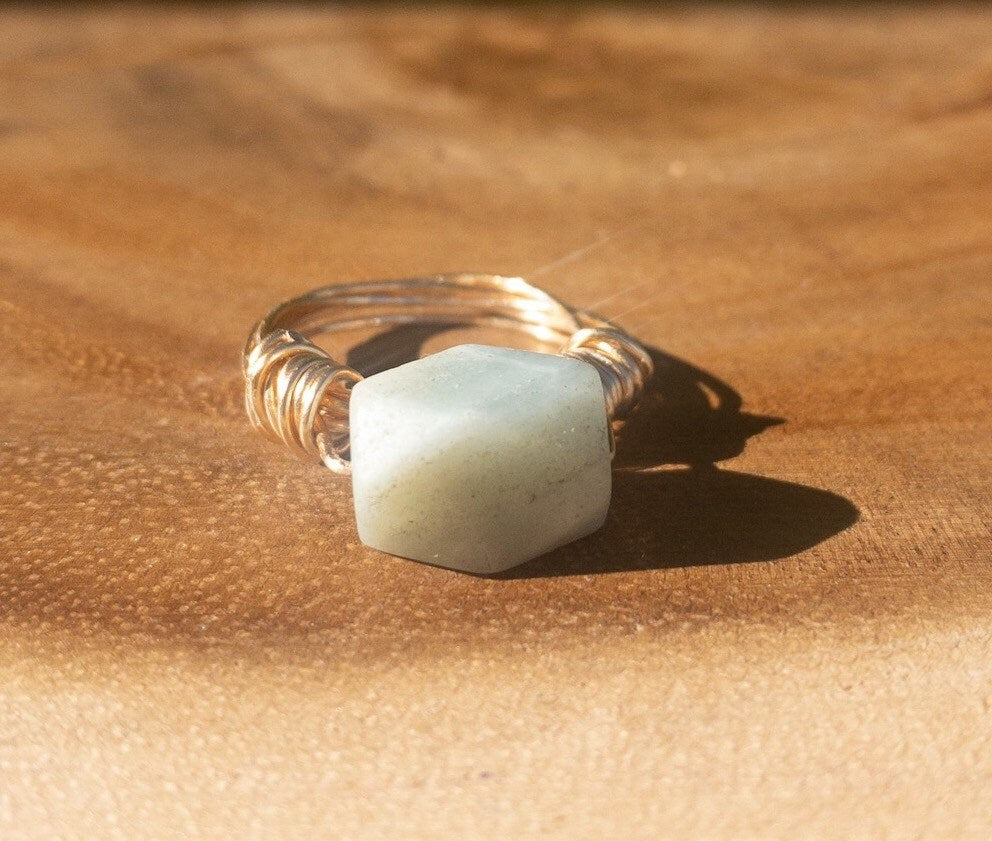 Close up of Amazonite gemstone wire wrap ring showing blue-green crystal detail and wire wrapping