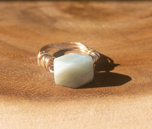 Close up of Amazonite gemstone wire wrap ring showing blue-green crystal detail and wire wrapping