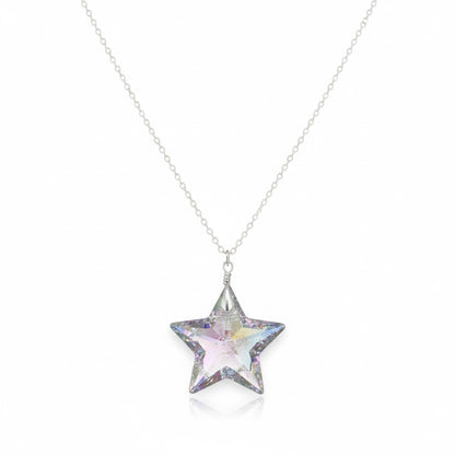 Close up of angel aura opalite star pendant with rainbow iridescence