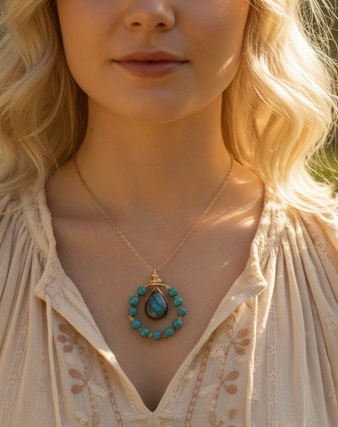 Close up of labradorite and turquoise beaded necklace with wire wrapped pendant