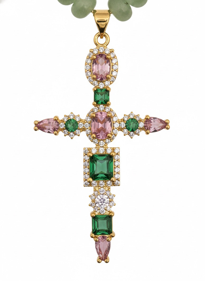 Close up rose quartz and amazonite cross necklace - crystal zirconia accents