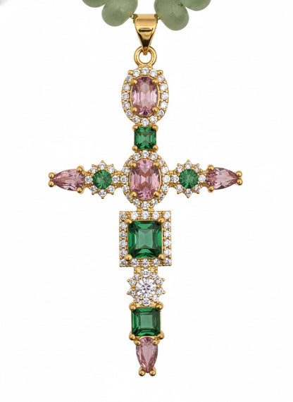 Close up rose quartz and amazonite cross necklace - crystal zirconia accents