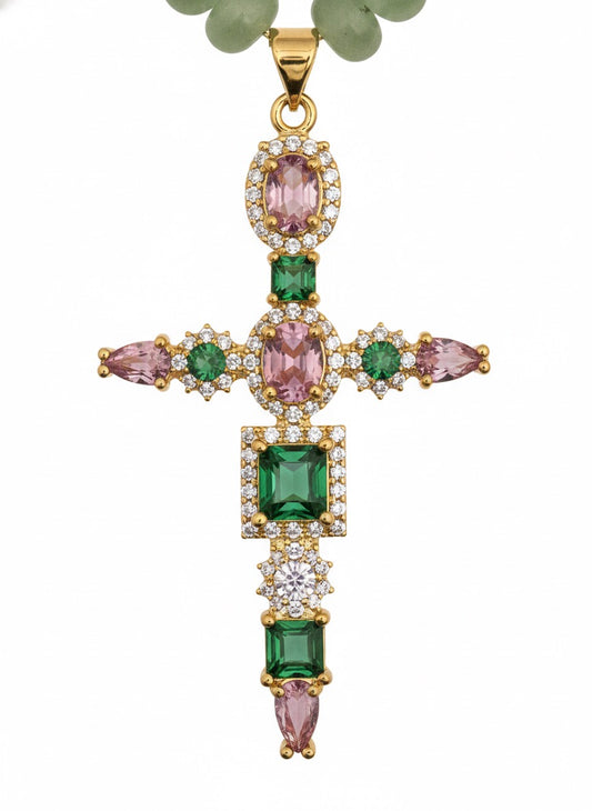 Close up rose quartz and amazonite cross necklace - crystal zirconia accents