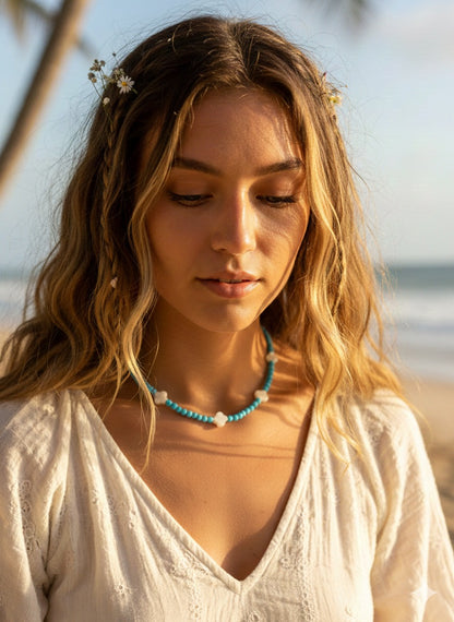 Close up turquoise stone and shell beads - handmade beach necklace