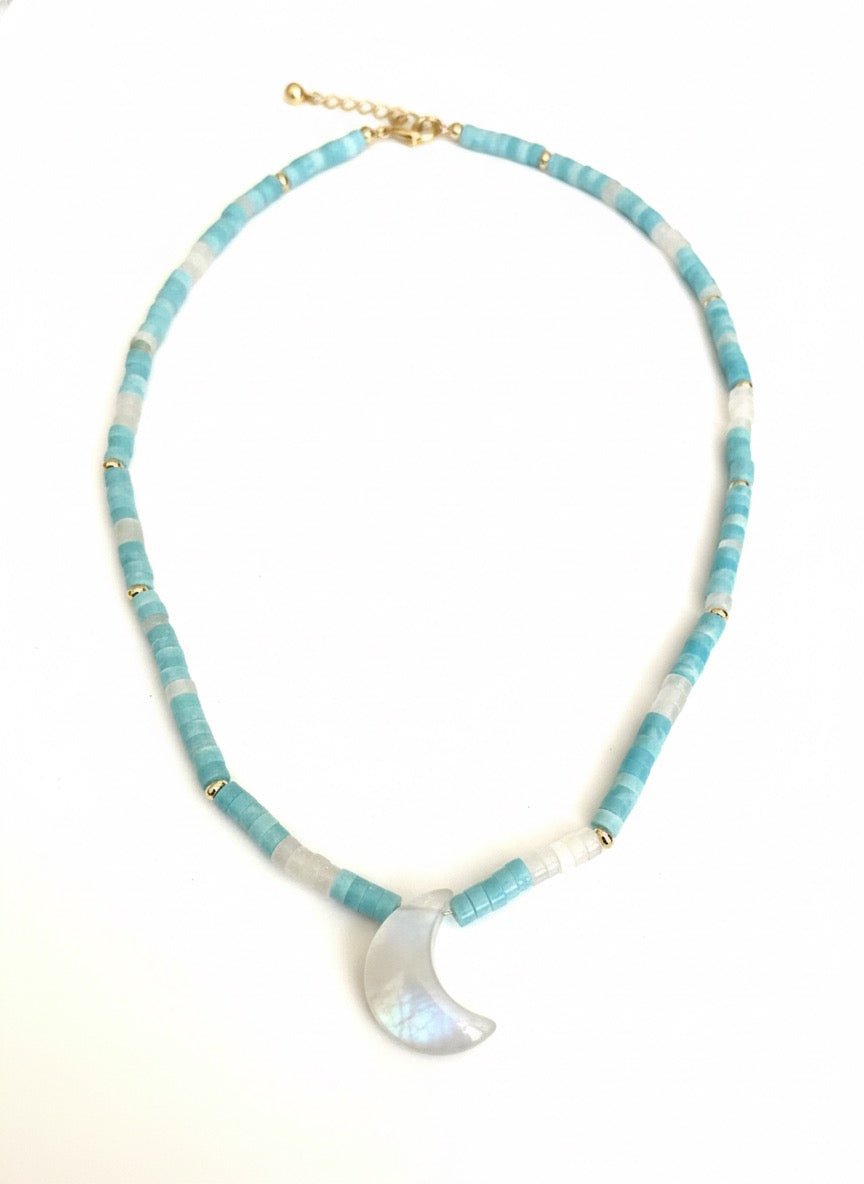 Crescent moon necklace beach jewelry close up