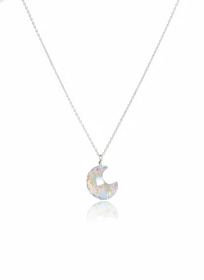 Crescent moon opalite necklace with wire wrapping in sterling silver - boho crystal pendant