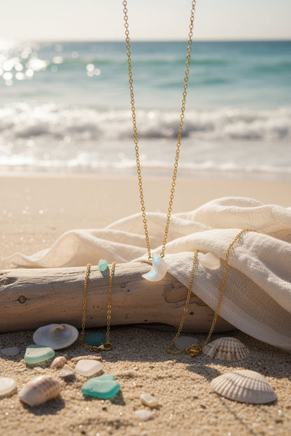 Crescent moon rainbow moonstone necklace close up - natural iridescent blue flash