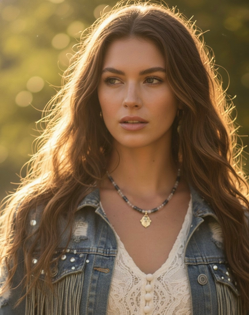 Crystal beads cross necklace close-up - natural gemstone sparkly pendant detail hypoallergenic