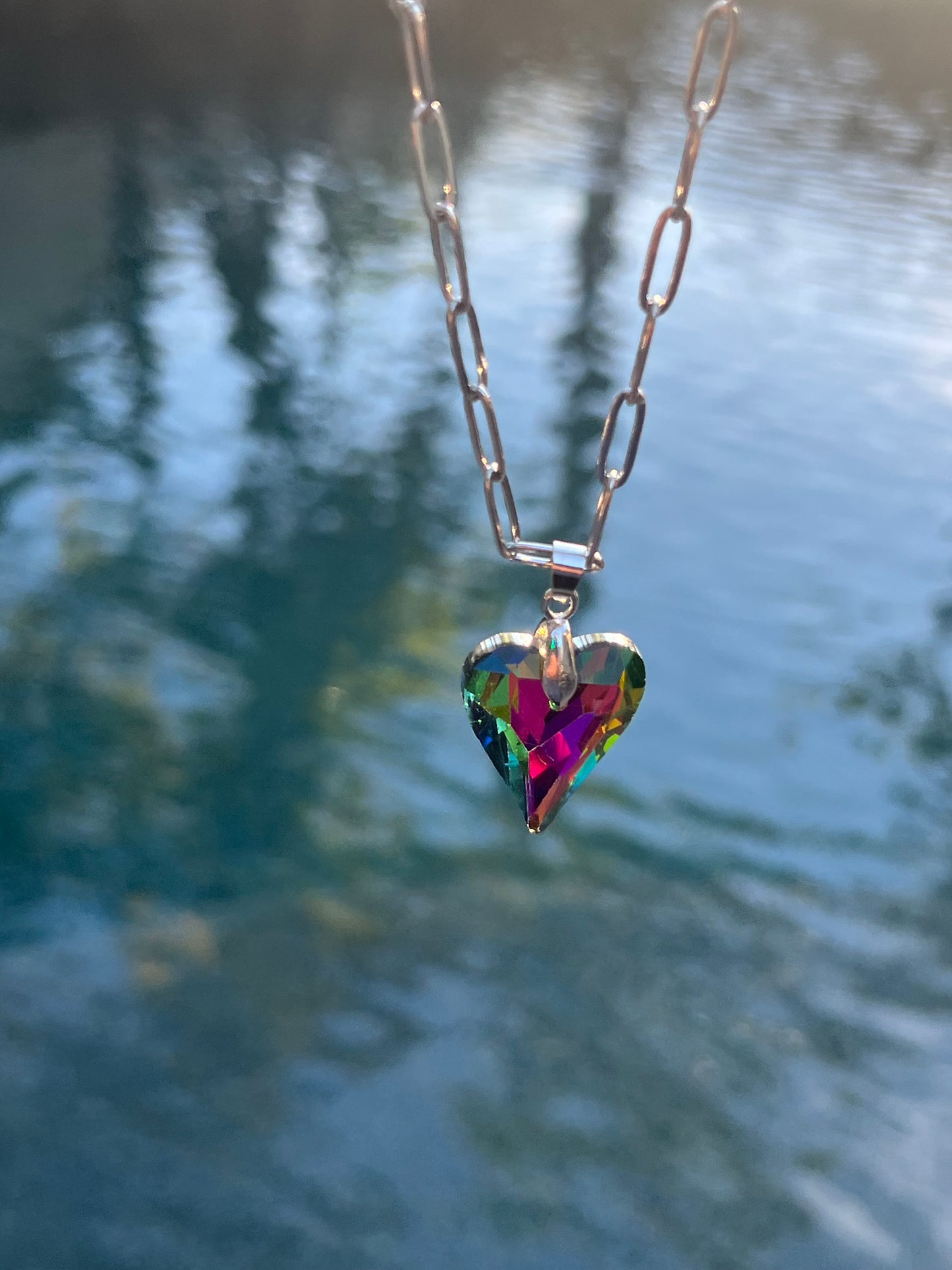 Crystal heart necklace rainbow sparkle stainless steel - waterproof hypoallergenic
