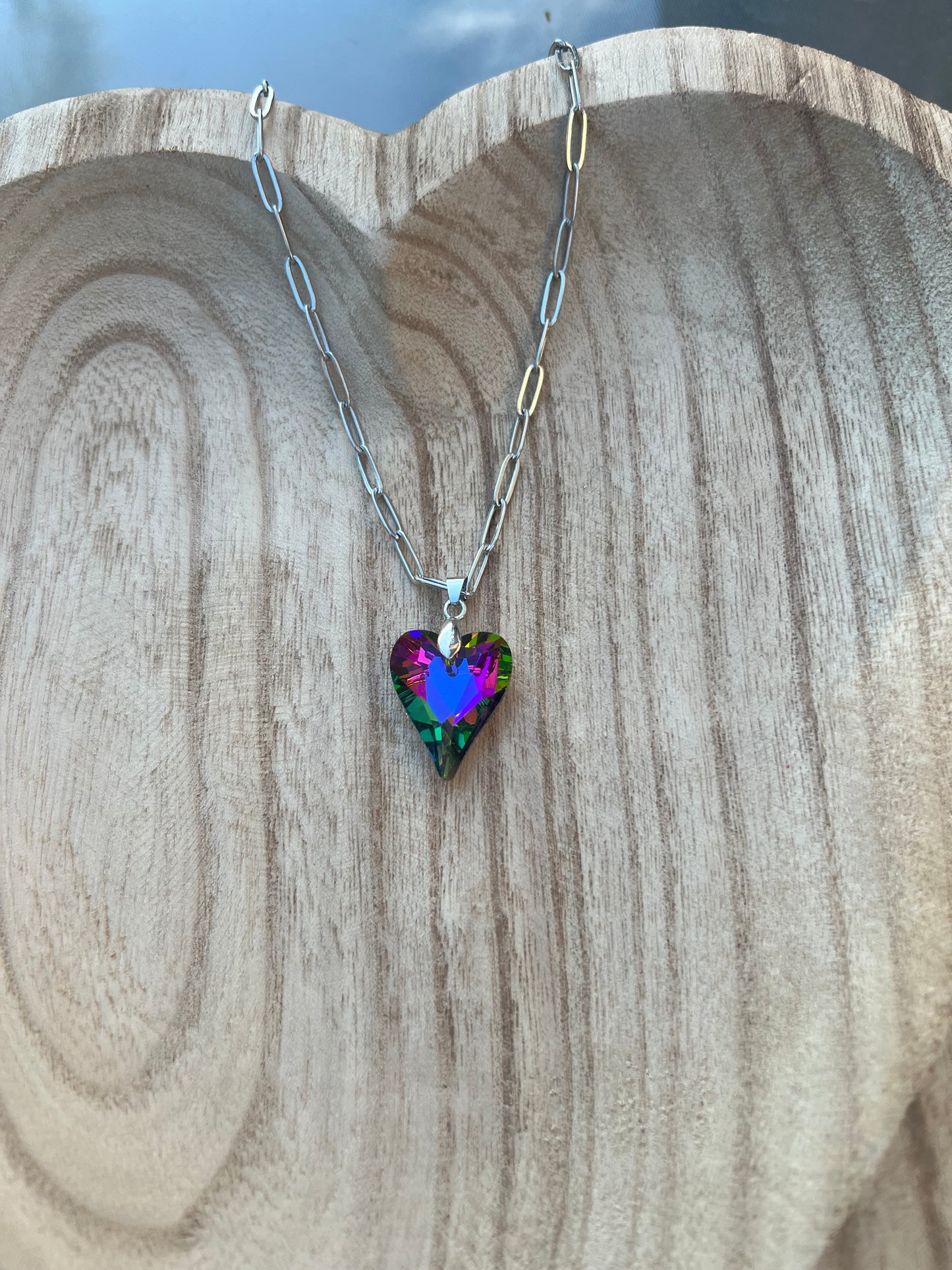 Crystal heart necklace rainbow sparkly stainless steel - hypoallergenic California handmade