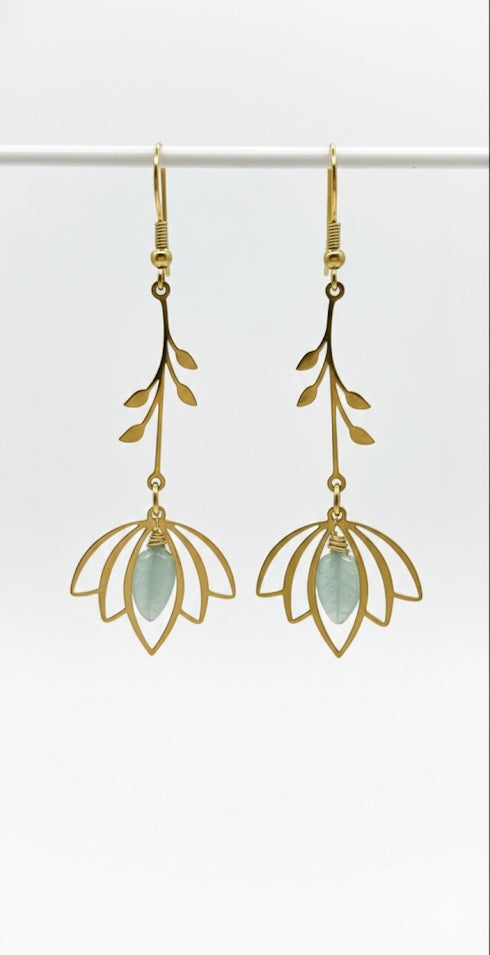 Dainty aquamarine leaf earrings - natural stone hypoallergenic gift for her