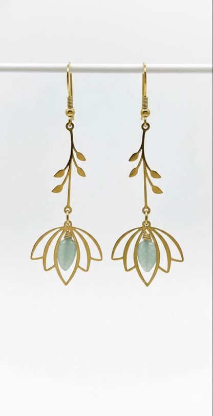 Dainty aquamarine leaf earrings - natural stone hypoallergenic gift for her