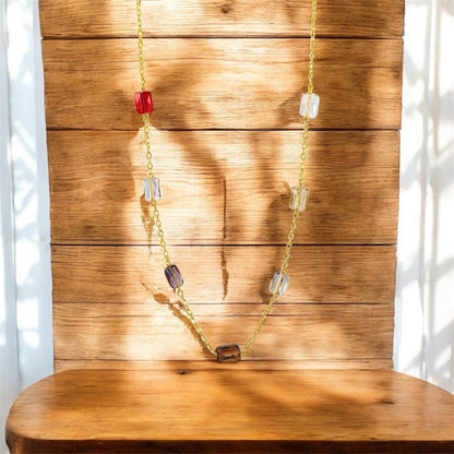 Dainty crystal necklace close up - colorful faceted beads 14K gold chain