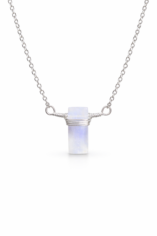Dainty rainbow moonstone necklace with blue flash - 14K gold filled wire wrap