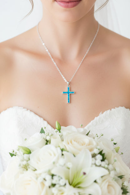 Dainty sterling silver cross necklace with lab created blue opal — faith-inspired gift for her

