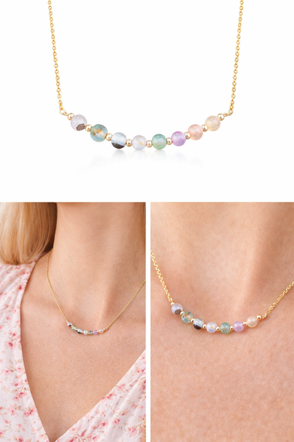Dainty tourmaline necklace 14K gold filled - layering gemstone jewelry on model