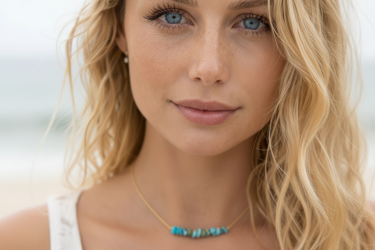 Dainty turquoise beaded bar necklace in gold - natural gemstone layering necklace handmade in California