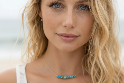 Dainty turquoise beaded bar necklace in gold - natural gemstone layering necklace handmade in California