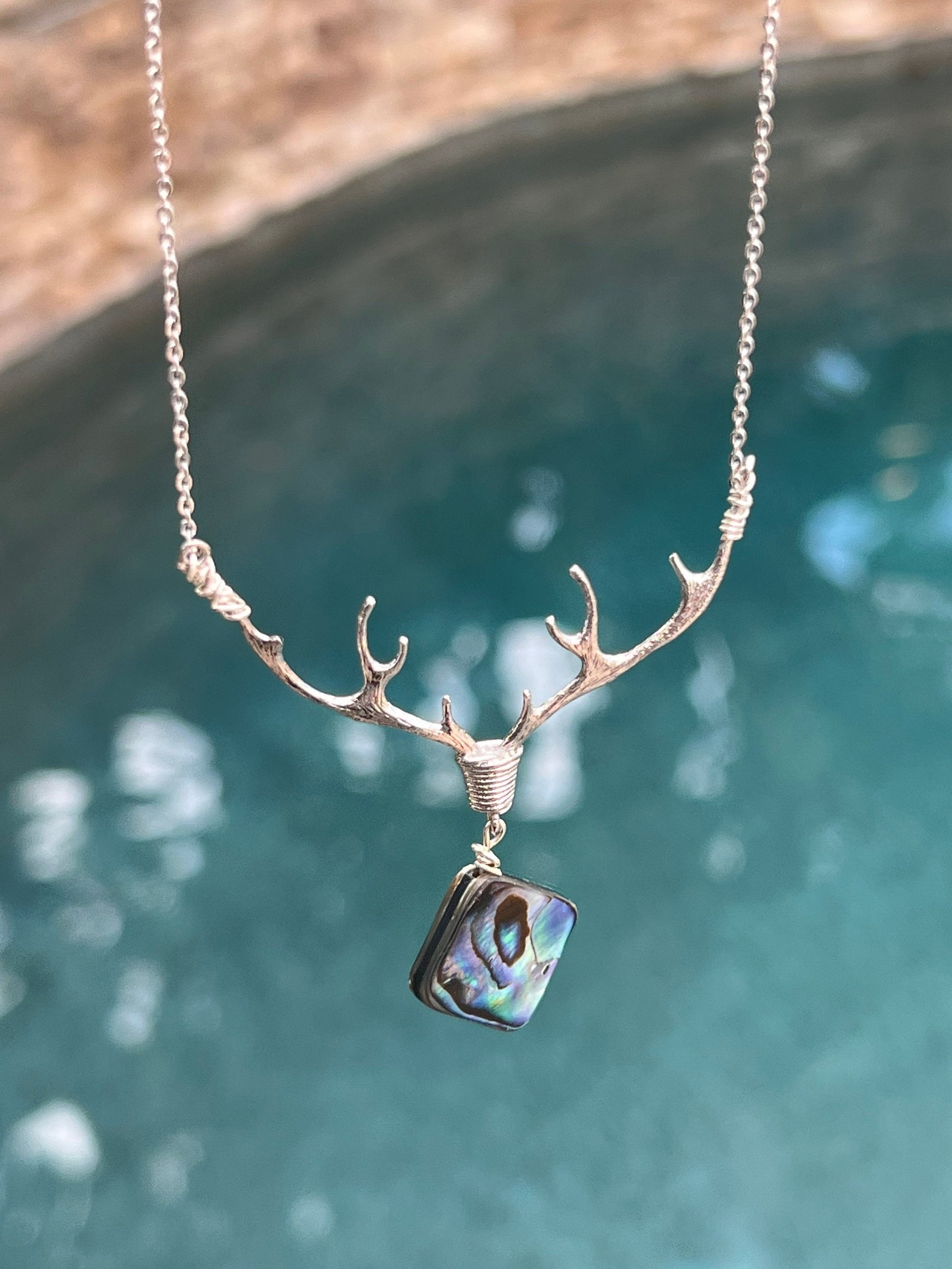 Deer antler abalone shell pendant - bohemian nature necklace gift for women