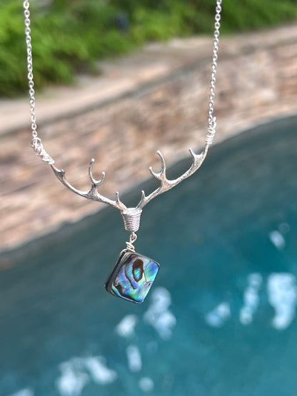 Deer antler abalone shell pendant - bohemian nature necklace gift for women
