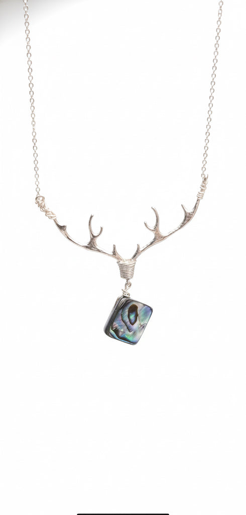Deer antler necklace with abalone shell inlay - handmade boho nature-inspired pendant
