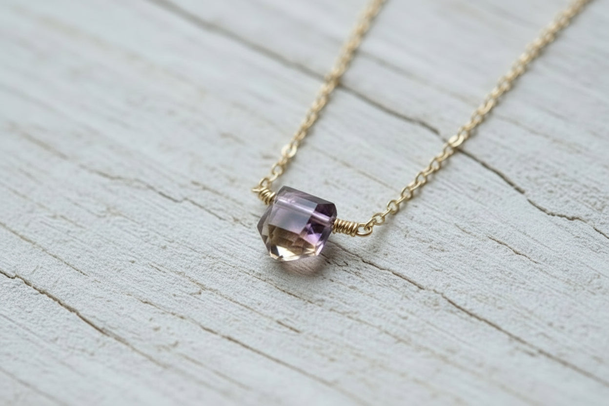 Delicate ametrine necklace minimalist - natural purple citrine amethyst gemstone elegant