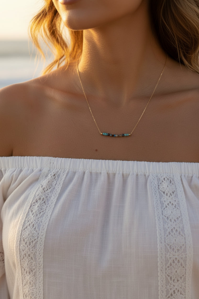 Delicate turquoise lapis necklace with tiny gemstone beads - minimalist California jewelry