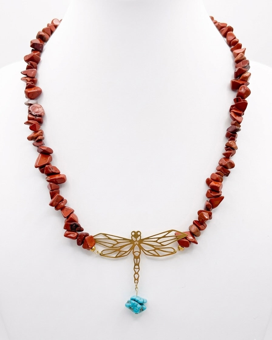 Dragonfly necklace with red jasper chip beads and turquoise stone - hypoallergenic natural gemstone jewelry