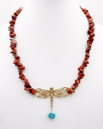 Dragonfly necklace with red jasper chip beads and turquoise stone - hypoallergenic natural gemstone jewelry