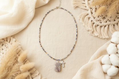 Violet Amethyst Cross Necklace | Natural Amethyst Pendant & Stone Beads | CZ Cross Charm | Hypoallergenic | February Birthstone