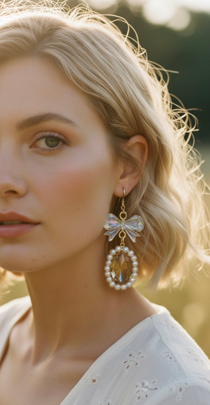 Elegant bow crystal pearl earrings - hypoallergenic bridesmaid gift wedding earrings