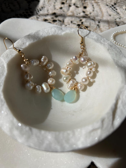 Elegant freshwater pearl earrings with aqua gemstone - bridesmaid jewelry gift