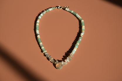 Faceted gemstone necklace close up - rutilated quartz citrine amazonite beads