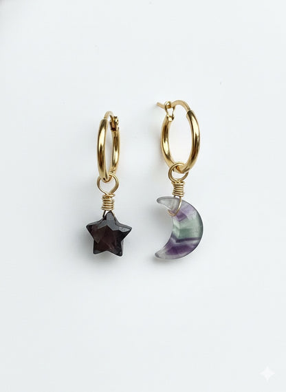 Fluorite moon star earrings 14K gold filled - celestial gemstone jewelry hypoallergenic