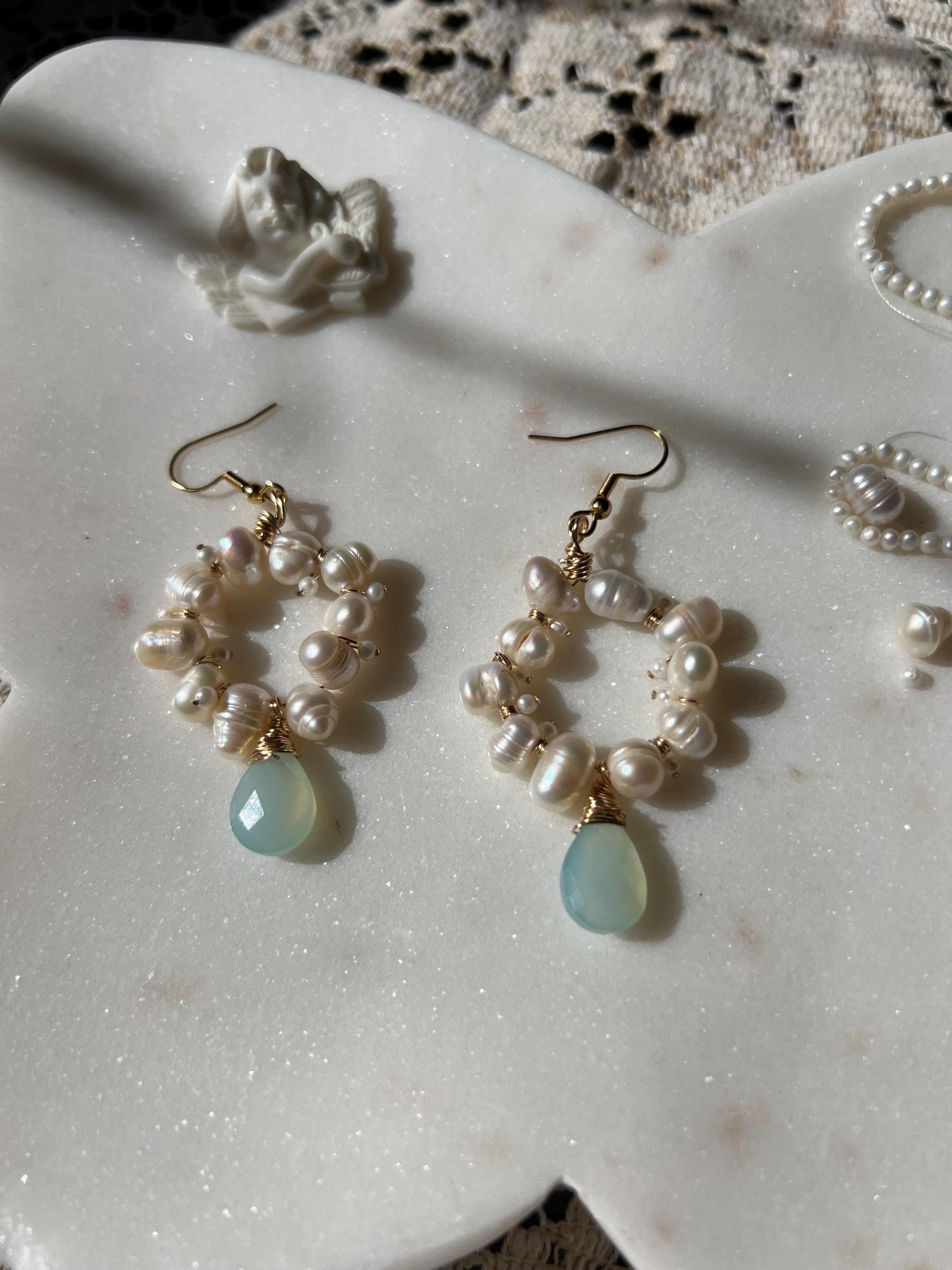 Freshwater pearl cluster earrings with faceted aqua onyx teardrop - elegant wedding jewelry