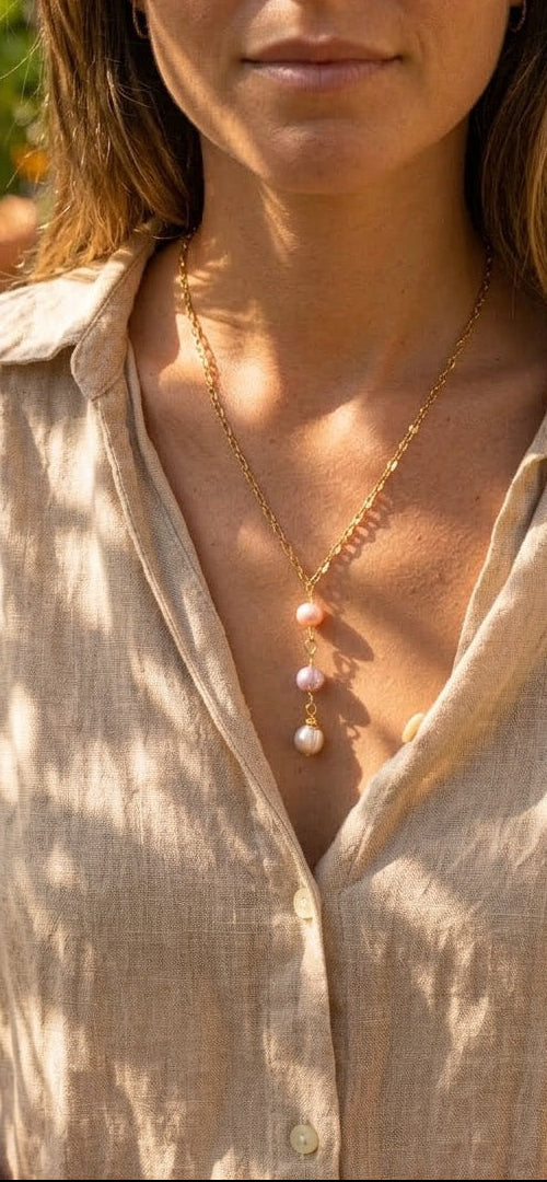  Freshwater pearl lariat Y necklace three pastel pearls gold - tarnish-resistant hypoallergenic one-of-a-kind
