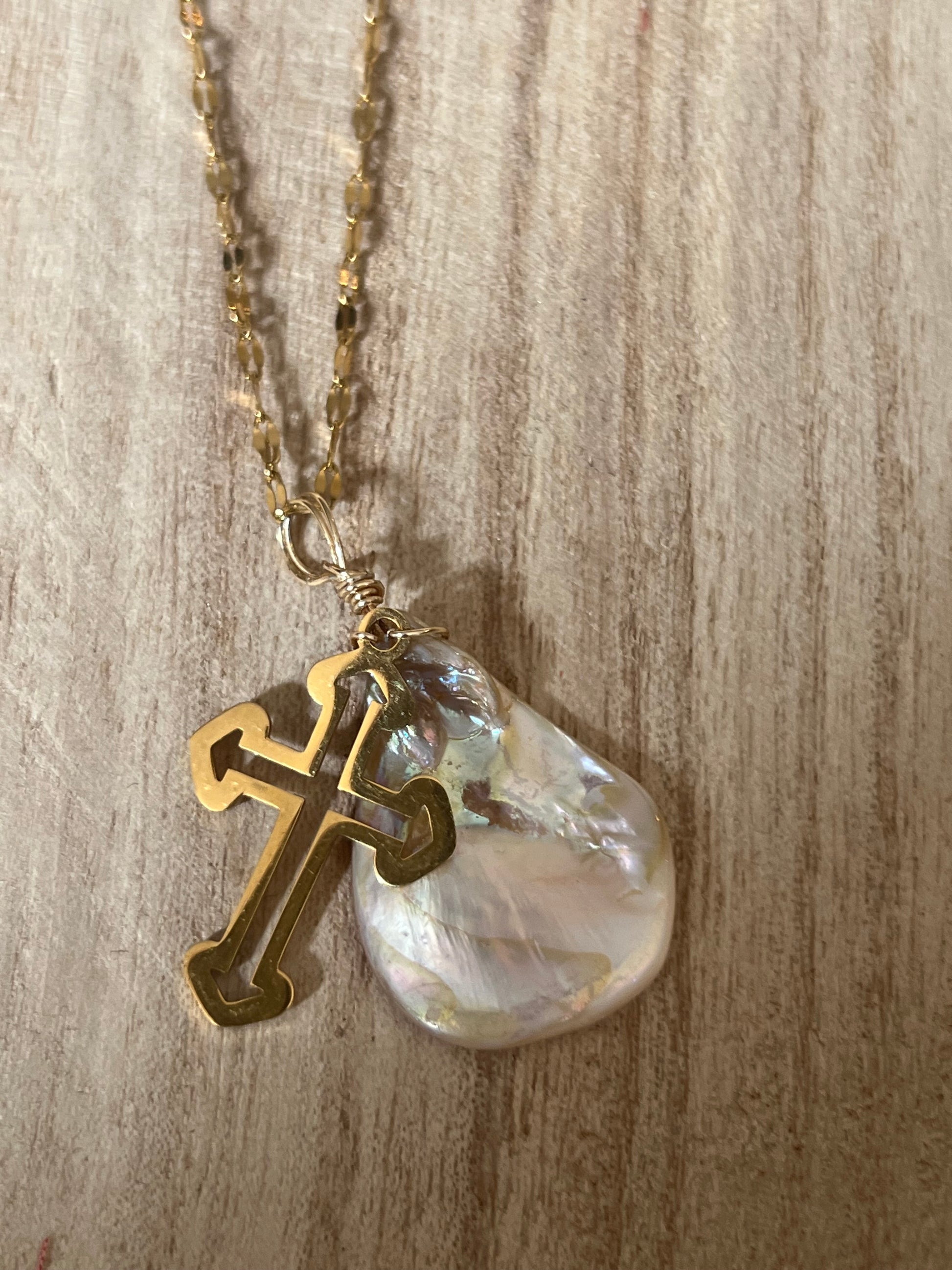 Freshwater pearl necklace waterproof hypoallergenic - baroque pearl gold cross California made
