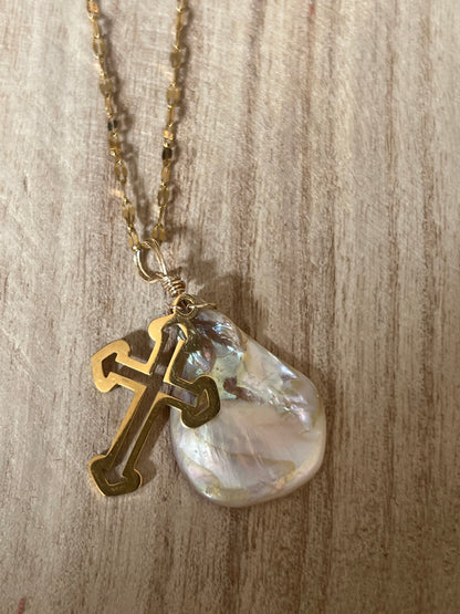Freshwater pearl necklace waterproof hypoallergenic - baroque pearl gold cross California made